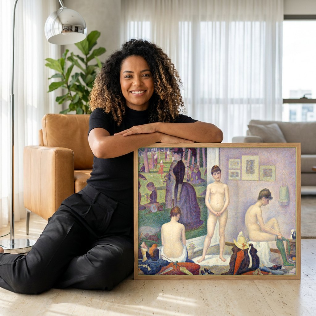 Quadro Decorativo As Modelos - Georges Seurat | modelo apresentando o quadro emoldurado
