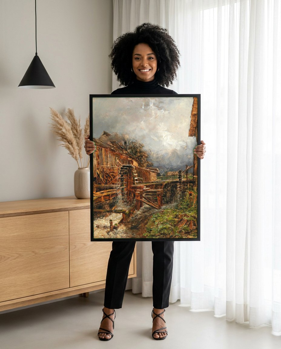 Quadro Decorativo Moinho de Água com Céu Nublado - Olga Wisinger-Florian | modelo apresentando o quadro emoldurado