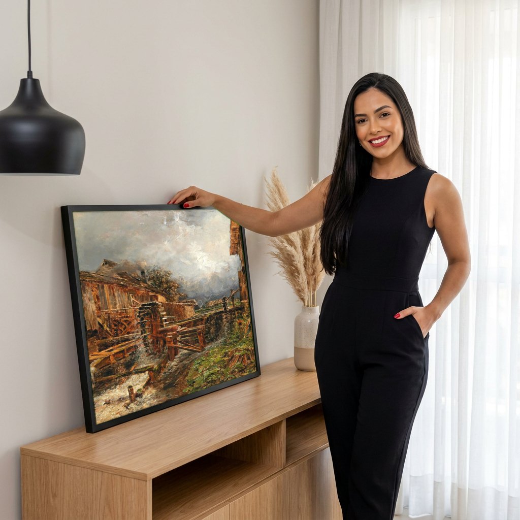 Quadro Decorativo Moinho de Água com Céu Nublado - Olga Wisinger-Florian | modelo apresentando o quadro emoldurado