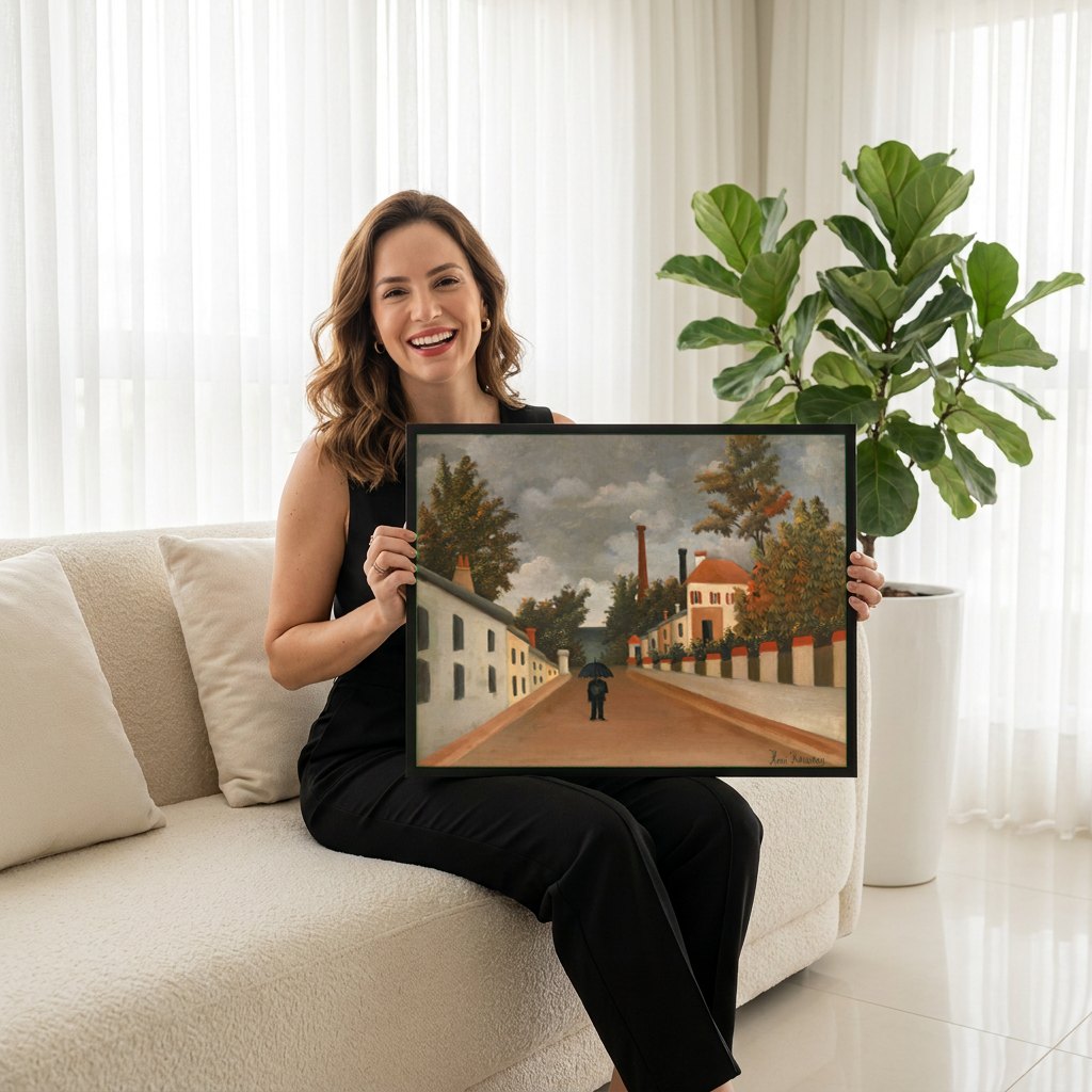 Quadro Decorativo A Rua - Henri Rousseau | modelo apresentando o quadro emoldurado