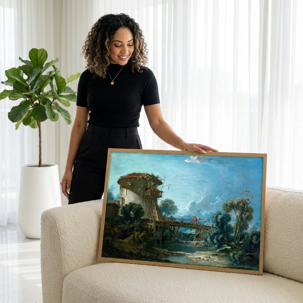 Quadro Decorativo A Ponte e o Moinho - Boucher | modelo apresentando o quadro emoldurado