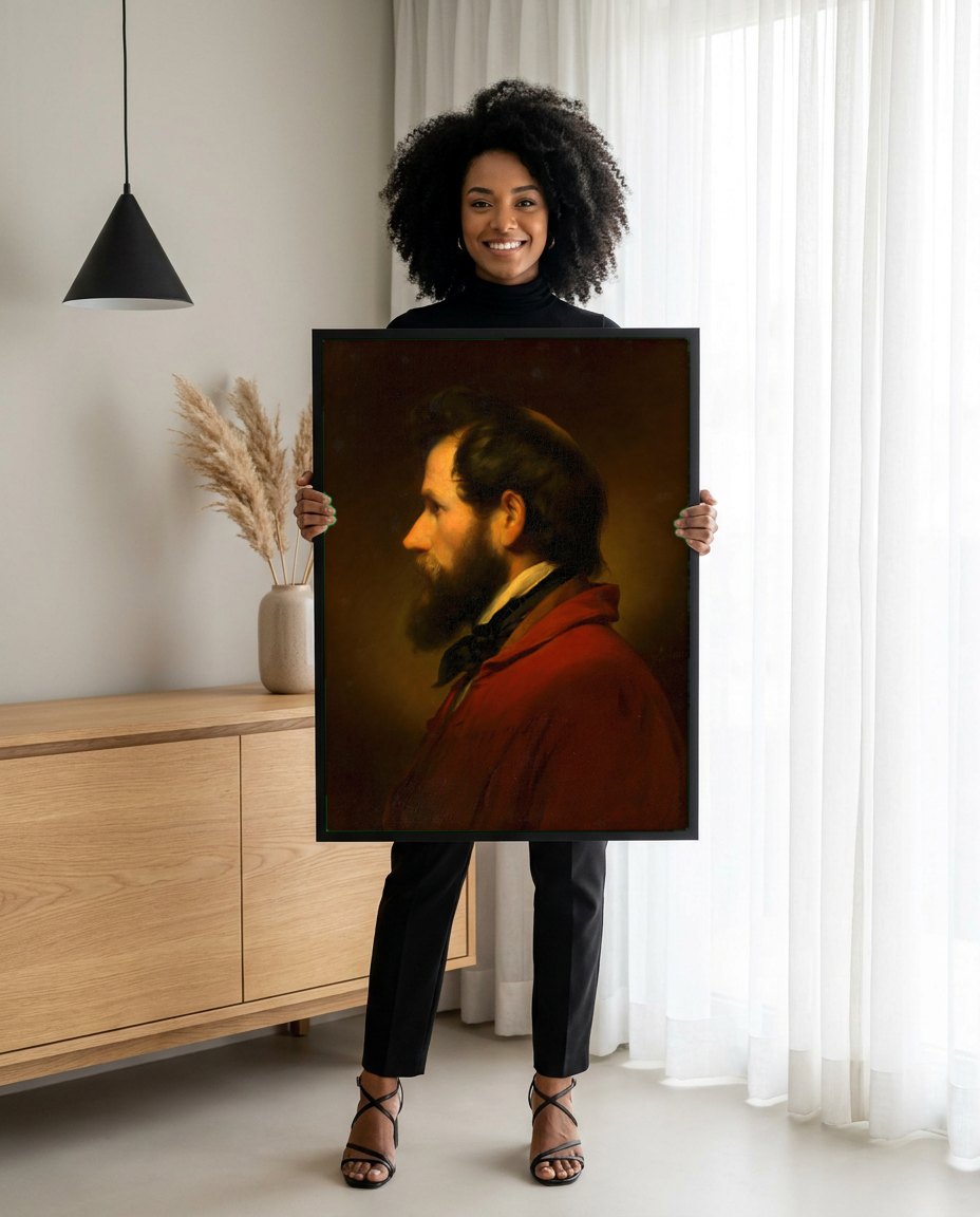 Quadro Decorativo Retrato de Homem Barbudo - Amerling | modelo apresentando o quadro emoldurado