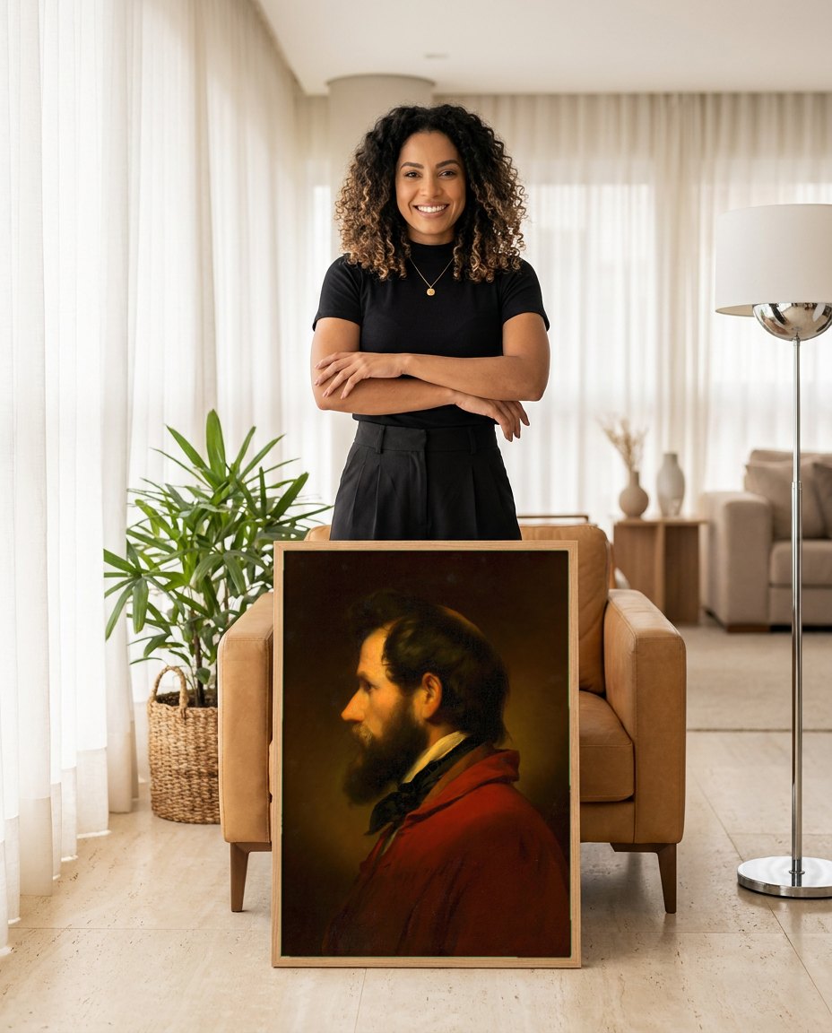 Quadro Decorativo Retrato de Homem Barbudo - Amerling | modelo apresentando o quadro emoldurado