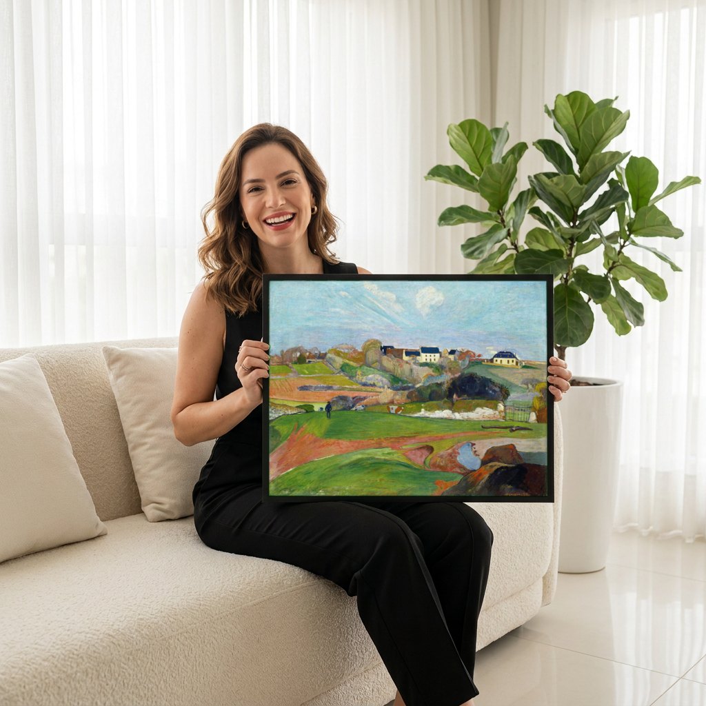 Quadro Decorativo A Fazenda de Le Pouldu - Paul Gauguin | modelo apresentando o quadro emoldurado