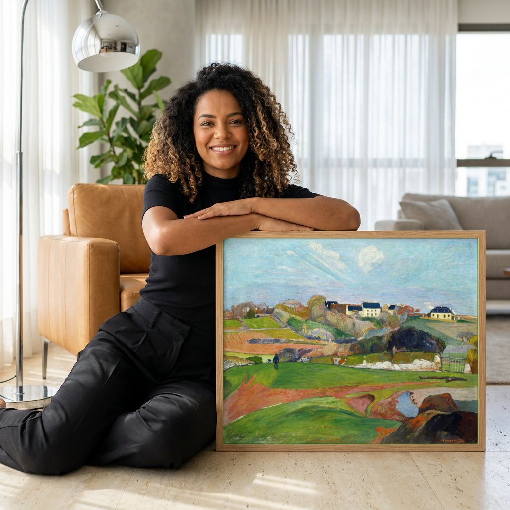 Quadro Decorativo A Fazenda de Le Pouldu - Paul Gauguin | modelo apresentando o quadro emoldurado