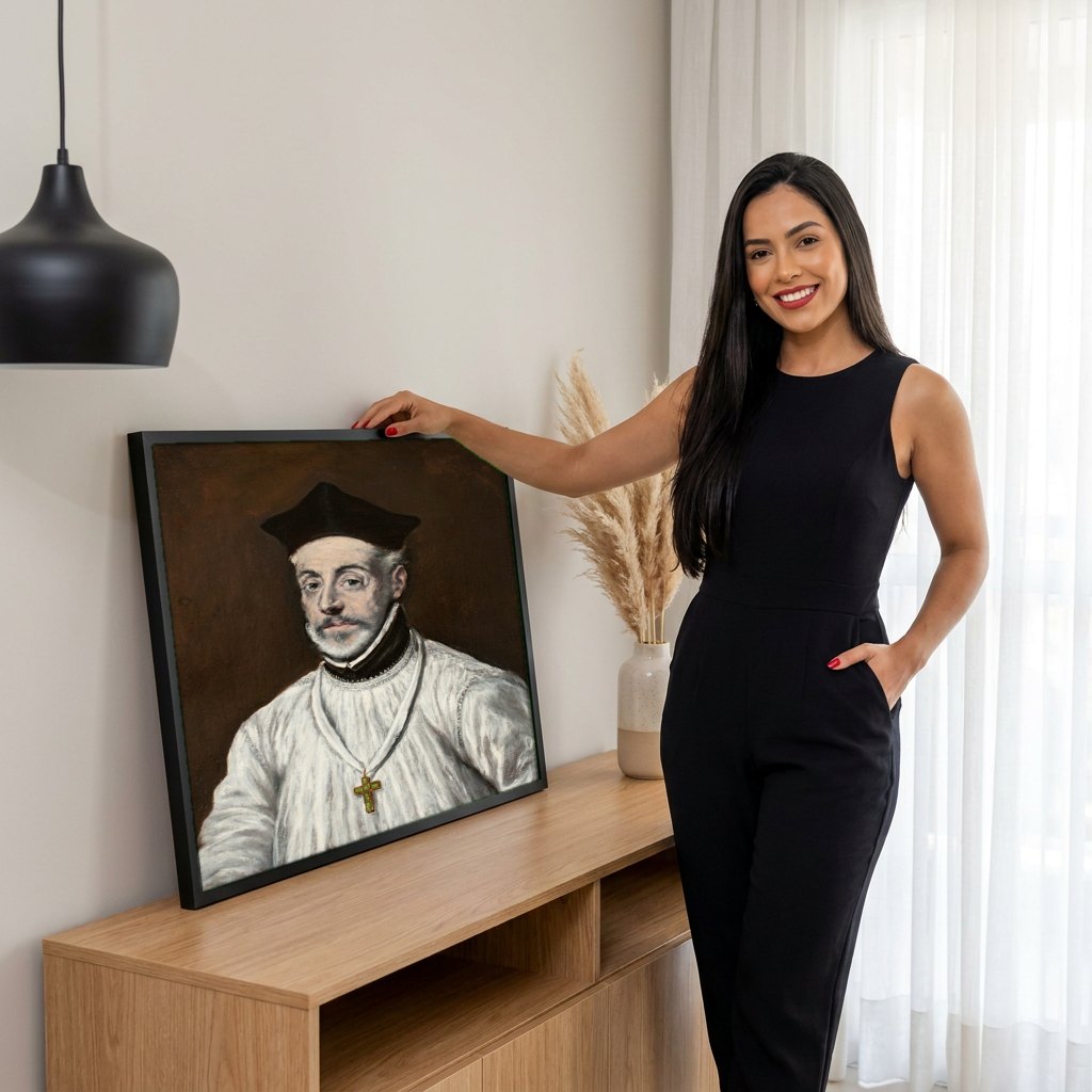 Quadro Decorativo Retrato de Cardeal (ou Homem) - El Greco | modelo apresentando o quadro emoldurado