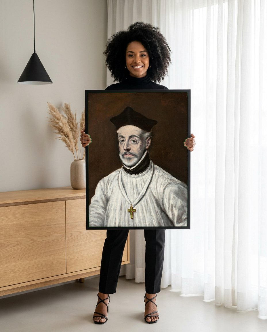 Quadro Decorativo Retrato de Cardeal (ou Homem) - El Greco | modelo apresentando o quadro emoldurado
