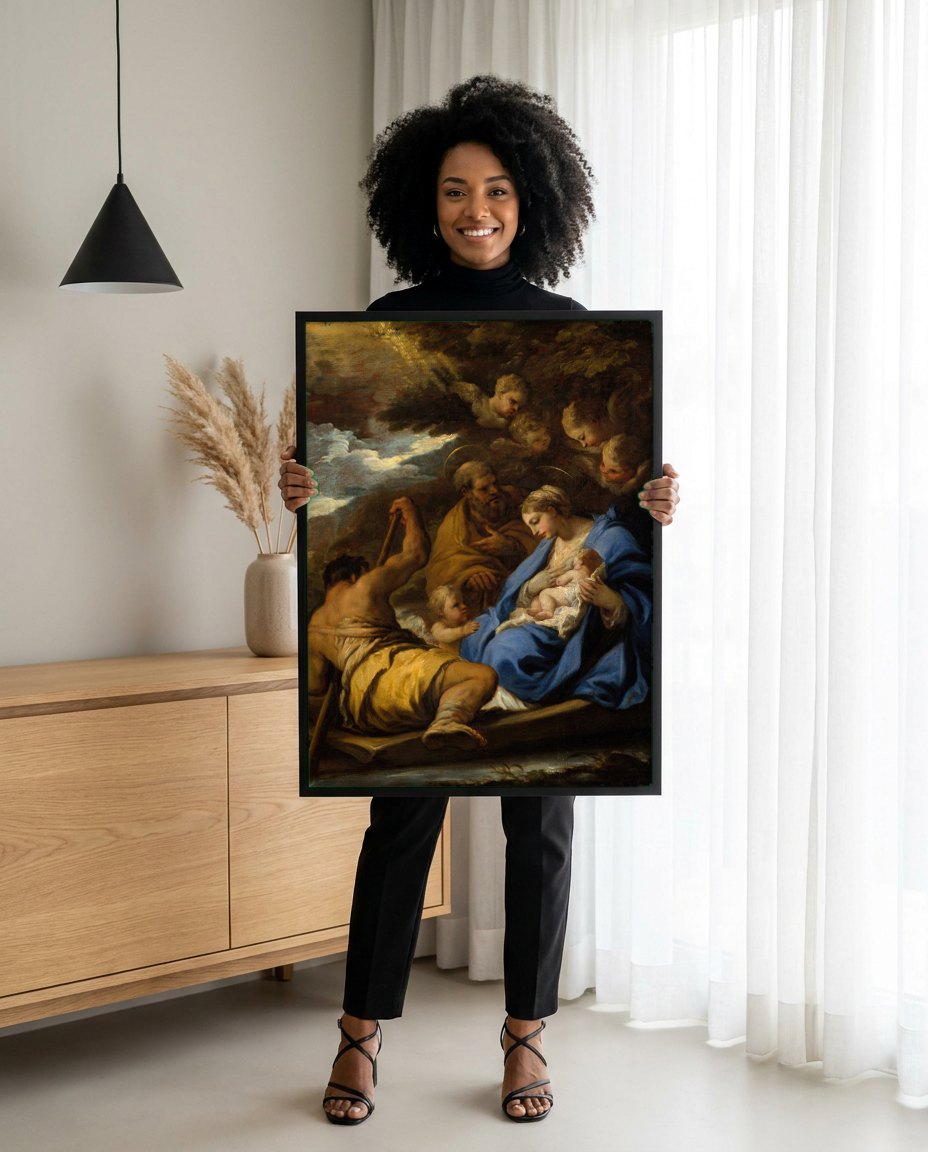 Quadro Decorativo A Fuga para o Egito - Luca Giordano | modelo apresentando o quadro emoldurado