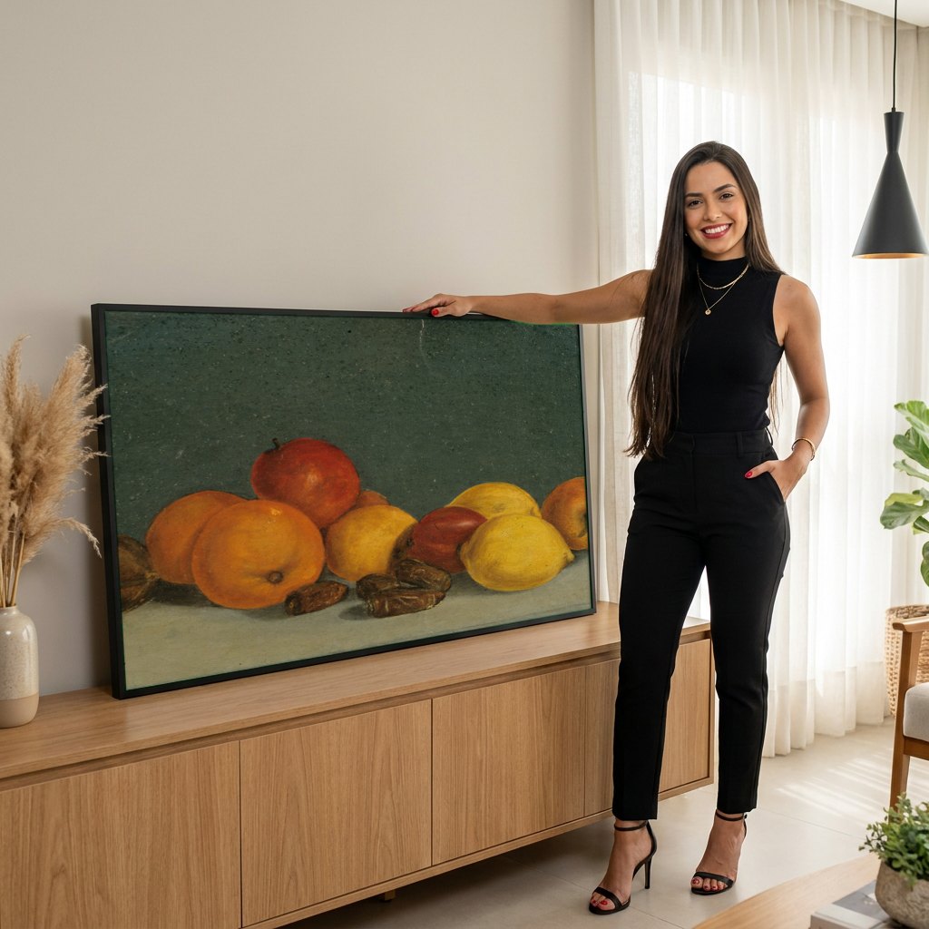 Quadro Decorativo Natureza-Morta com Frutas - Jan Matejko | modelo apresentando o quadro emoldurado
