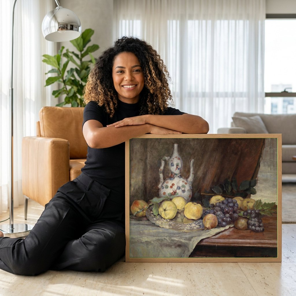 Quadro Decorativo Natureza-Morta com Frutas - Marie Egner | modelo apresentando o quadro emoldurado