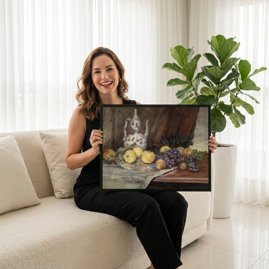 Quadro Decorativo Natureza-Morta com Frutas - Marie Egner | modelo apresentando o quadro emoldurado