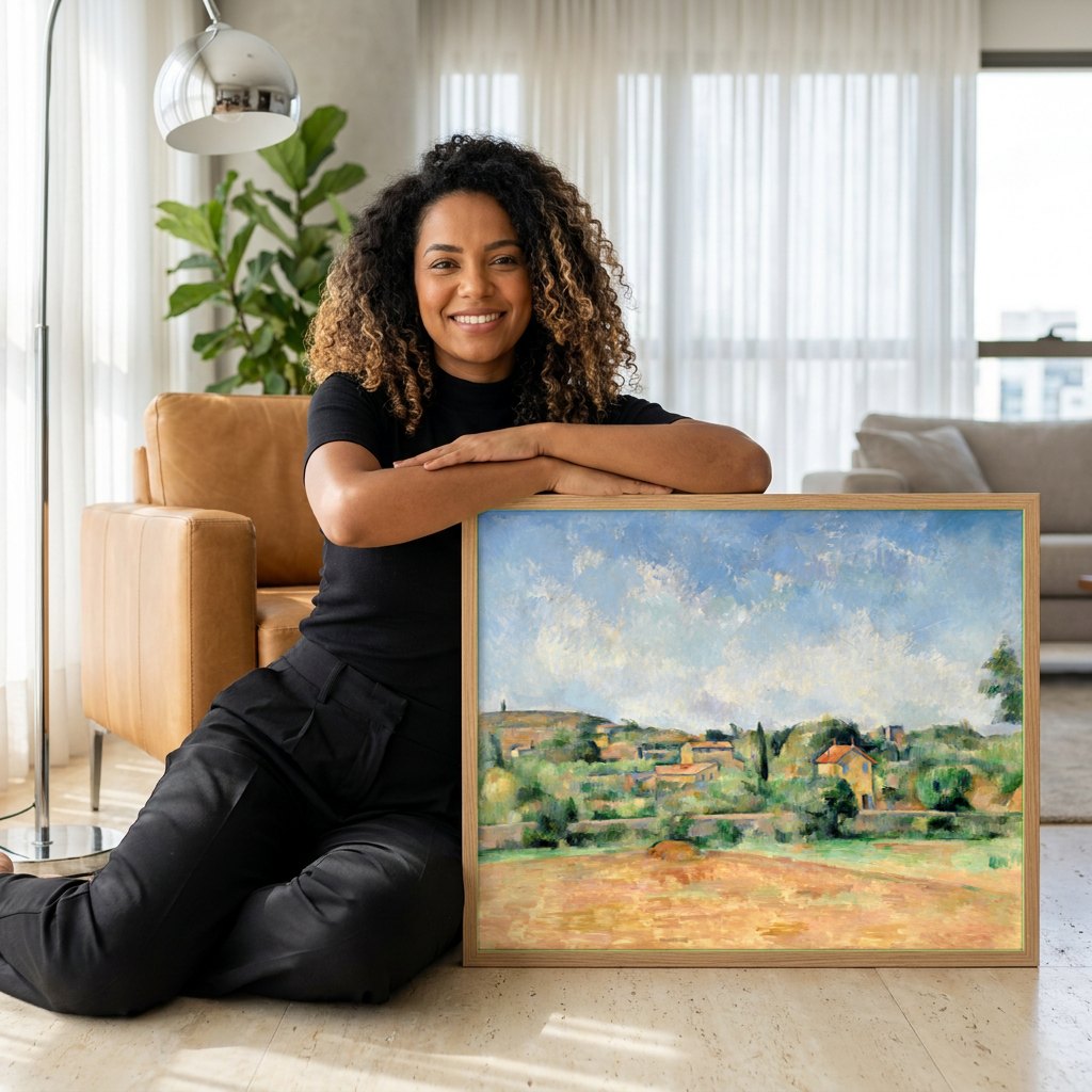 Quadro Decorativo Paisagem Provençal - Paul Cézanne | modelo apresentando o quadro emoldurado