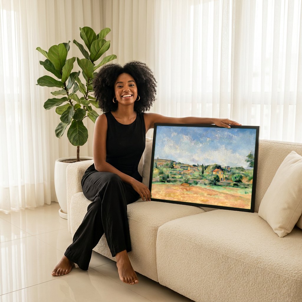 Quadro Decorativo Paisagem Provençal - Paul Cézanne | modelo apresentando o quadro emoldurado
