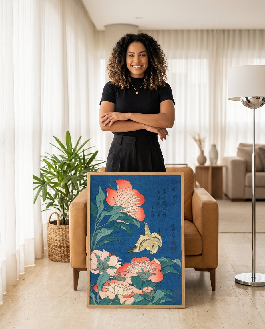 Quadro Decorativo Peônias e Pássaro - Hokusai | modelo apresentando o quadro emoldurado