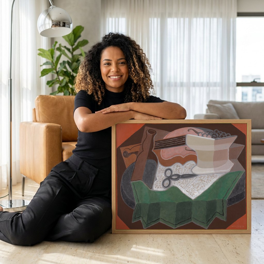 Quadro Decorativo Natureza Morta com Fruteira e Garrafa - Juan Gris | modelo apresentando o quadro emoldurado
