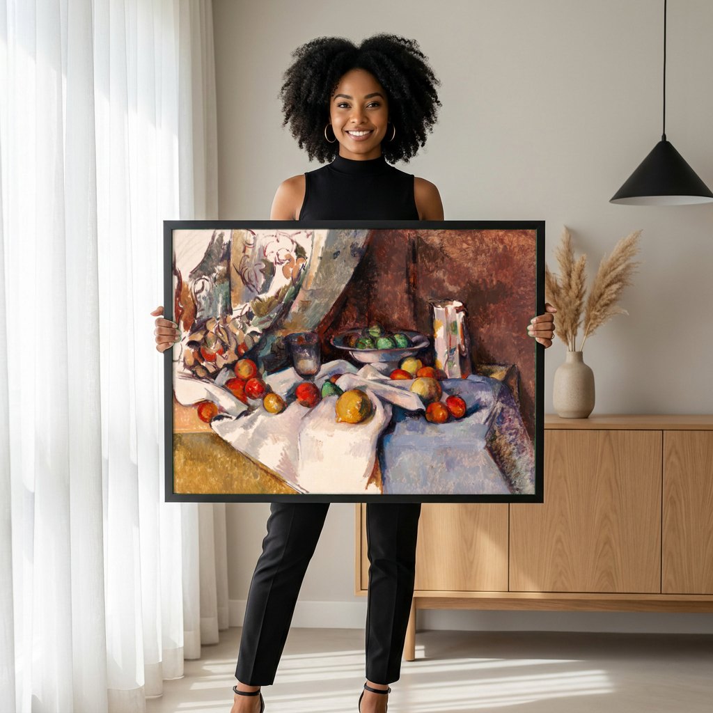 Quadro Decorativo Natureza-morta com Frutas - Paul Cézanne | modelo apresentando o quadro emoldurado