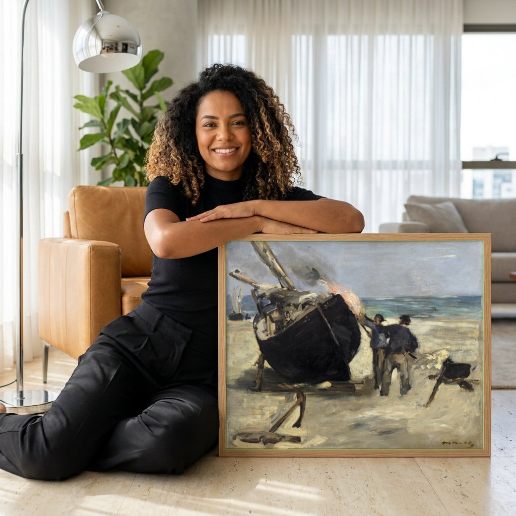 Quadro Decorativo A Queima do Barco - Edouard Manet | modelo apresentando o quadro emoldurado