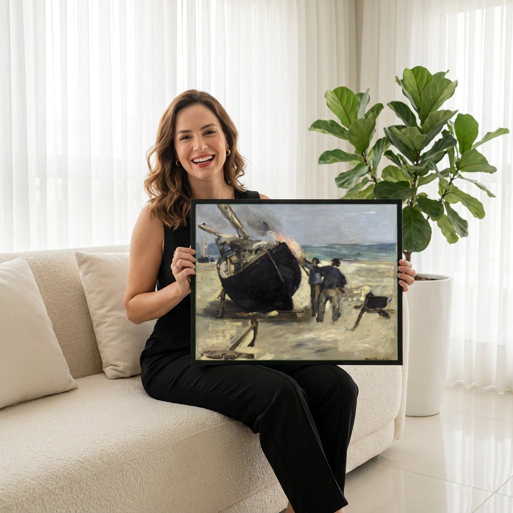 Quadro Decorativo A Queima do Barco - Edouard Manet | modelo apresentando o quadro emoldurado