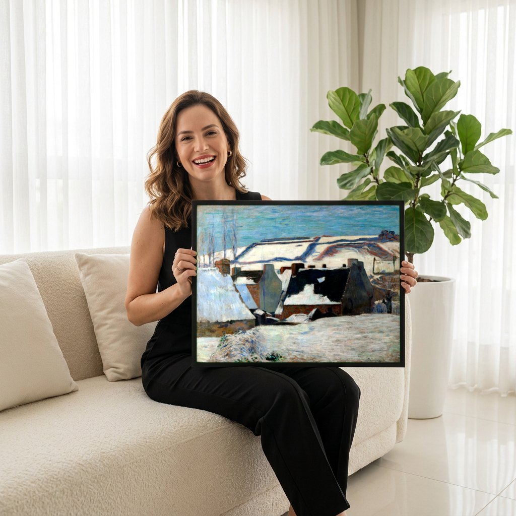 Quadro Decorativo Casas na Neve - Paul Gauguin | modelo apresentando o quadro emoldurado