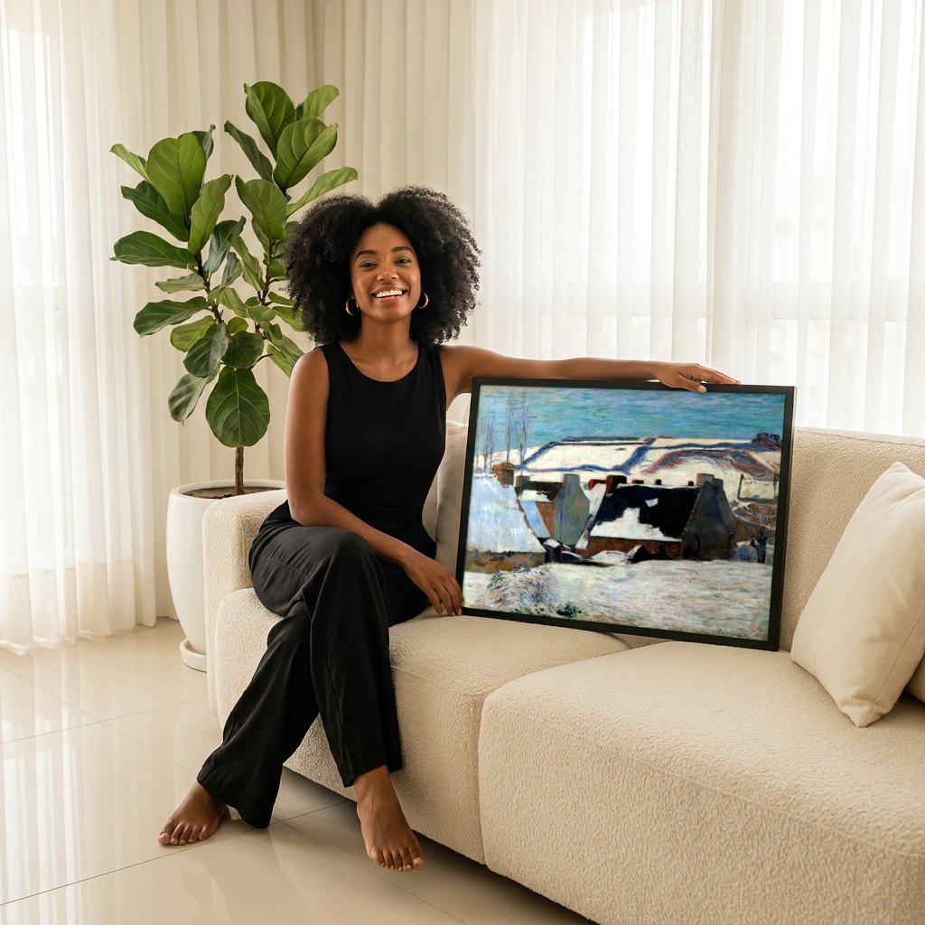Quadro Decorativo Casas na Neve - Paul Gauguin | modelo apresentando o quadro emoldurado