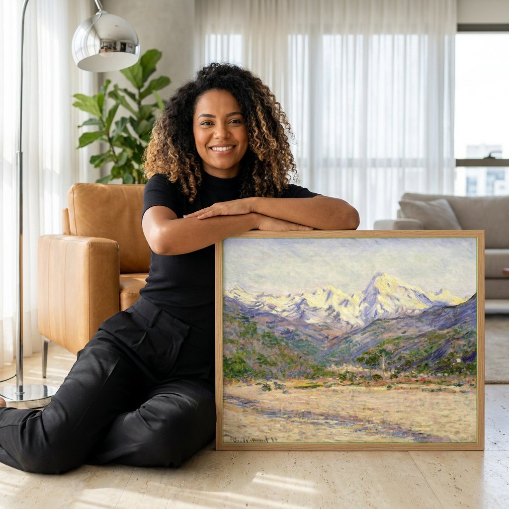 Quadro Decorativo Montanhas nevadas - Claude Monet | modelo apresentando o quadro emoldurado
