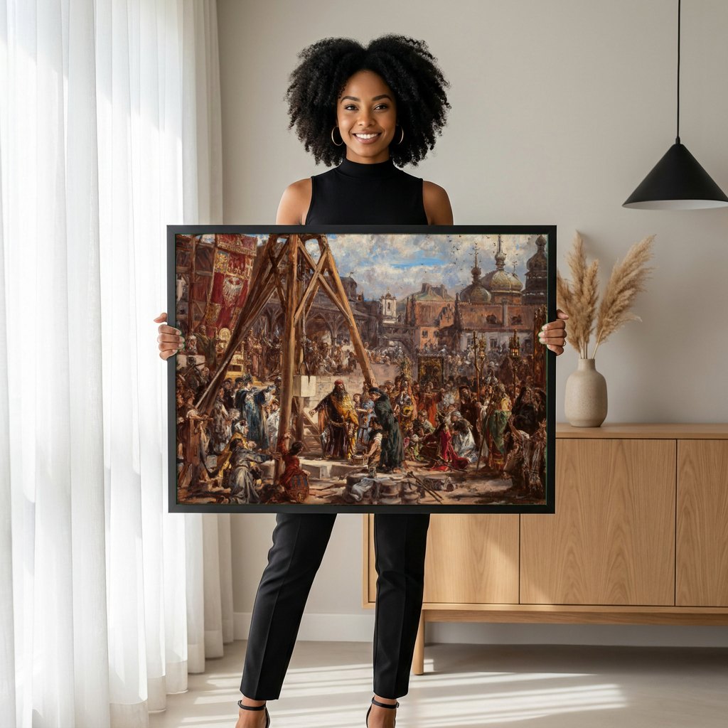 Quadro Decorativo A Ereção do Sino Zygmunt - Jan Matejko | modelo apresentando o quadro emoldurado