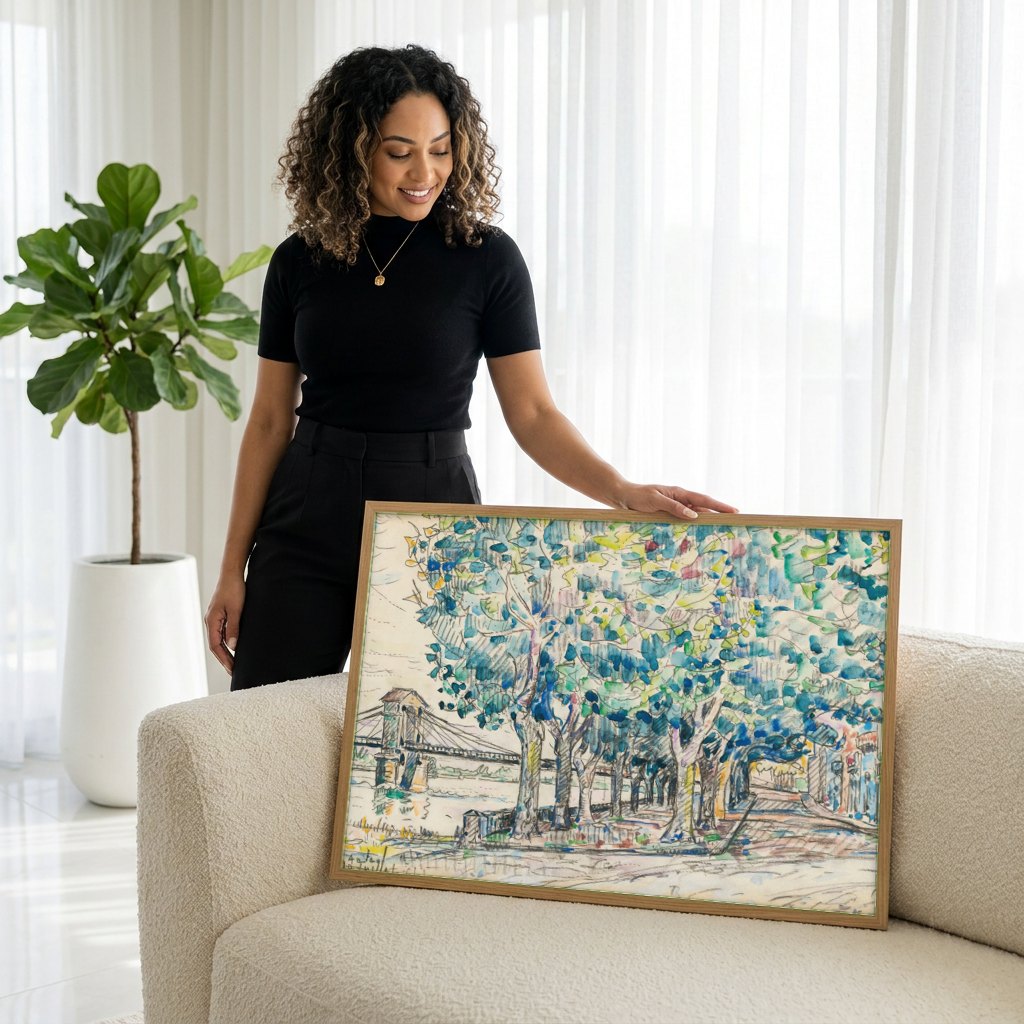 Quadro Decorativo Paisagem com Ponte - Paul Signac | modelo apresentando o quadro emoldurado