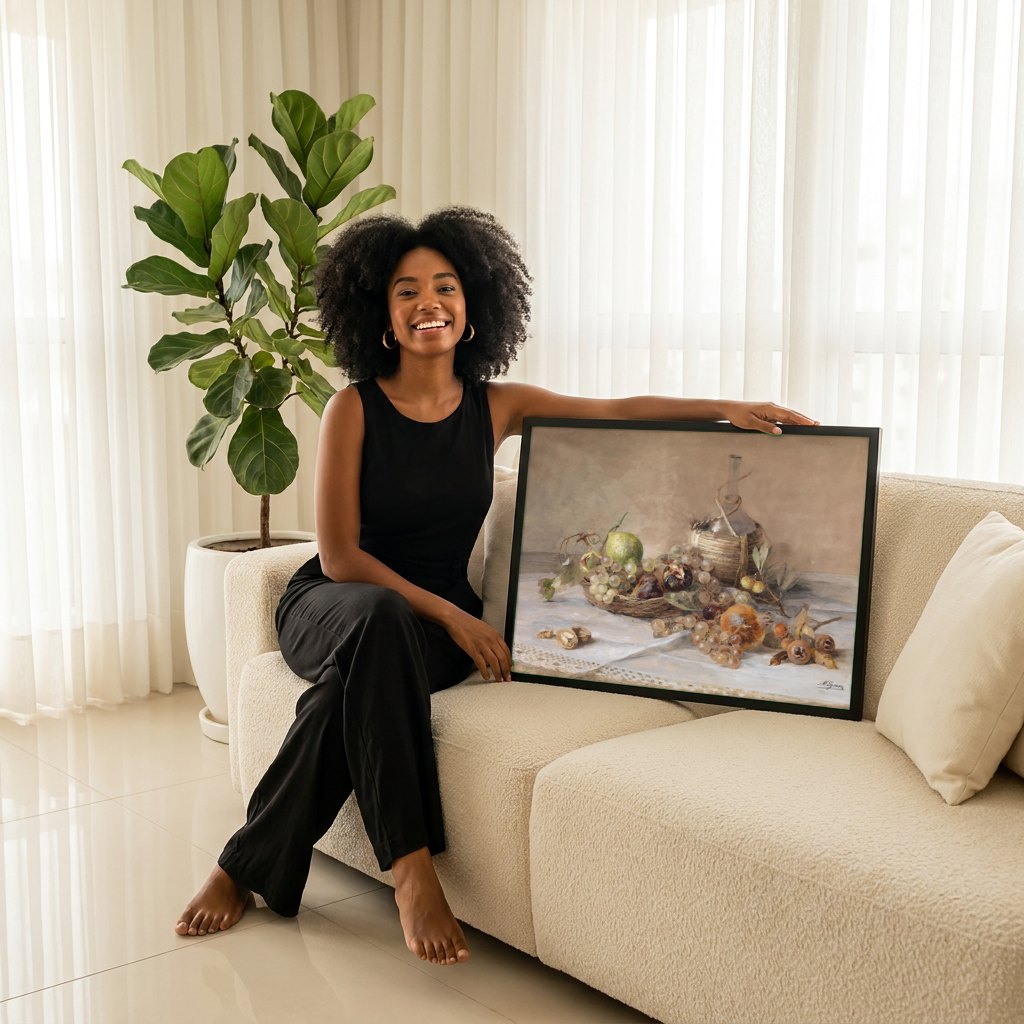 Quadro Decorativo Natureza-Morta com Frutas - Marie Egner | modelo apresentando o quadro emoldurado