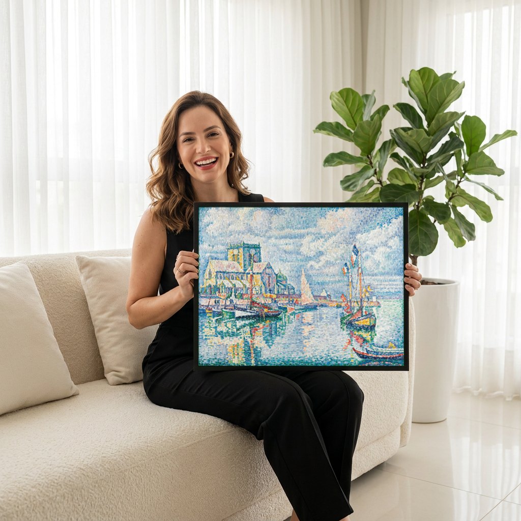 Quadro Decorativo Marinha em Concarneau - Paul Signac | modelo apresentando o quadro emoldurado