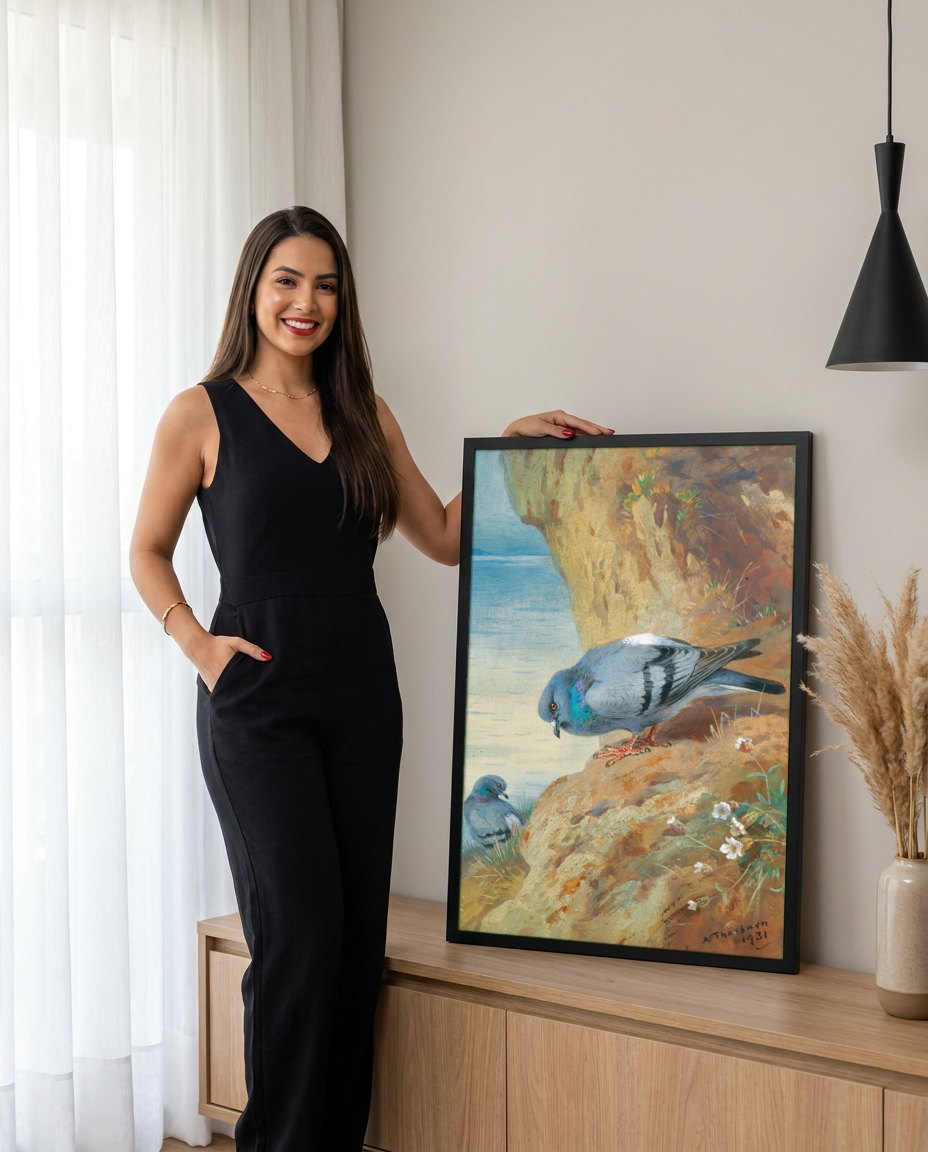 Quadro Decorativo Pombos na Rocha - Thorburn | modelo apresentando o quadro emoldurado