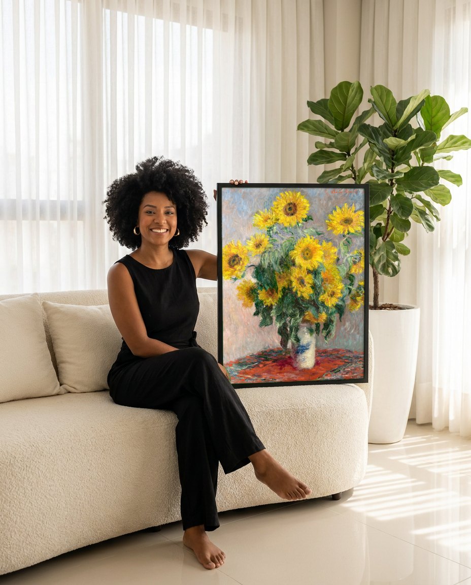 Quadro Decorativo Girassóis em Vaso - Claude Monet | modelo apresentando o quadro emoldurado