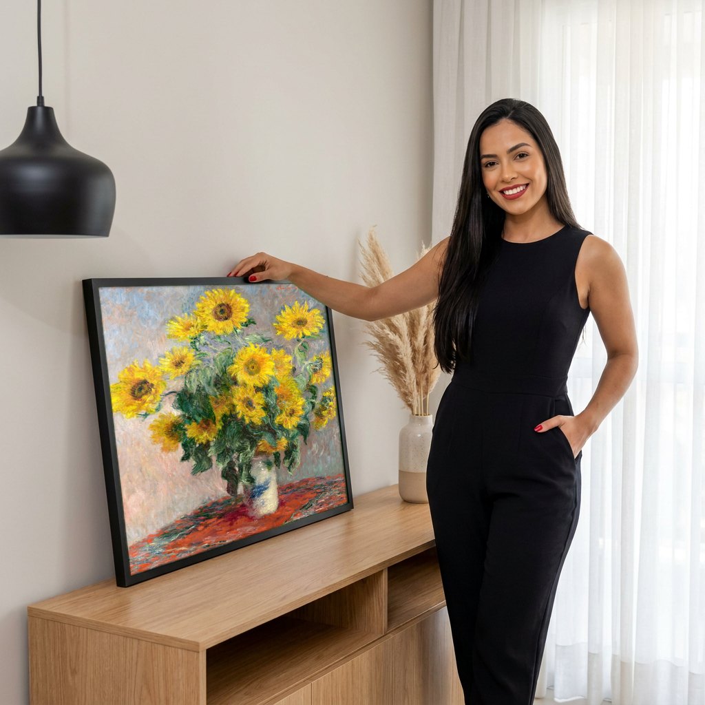 Quadro Decorativo Girassóis em Vaso - Claude Monet | modelo apresentando o quadro emoldurado