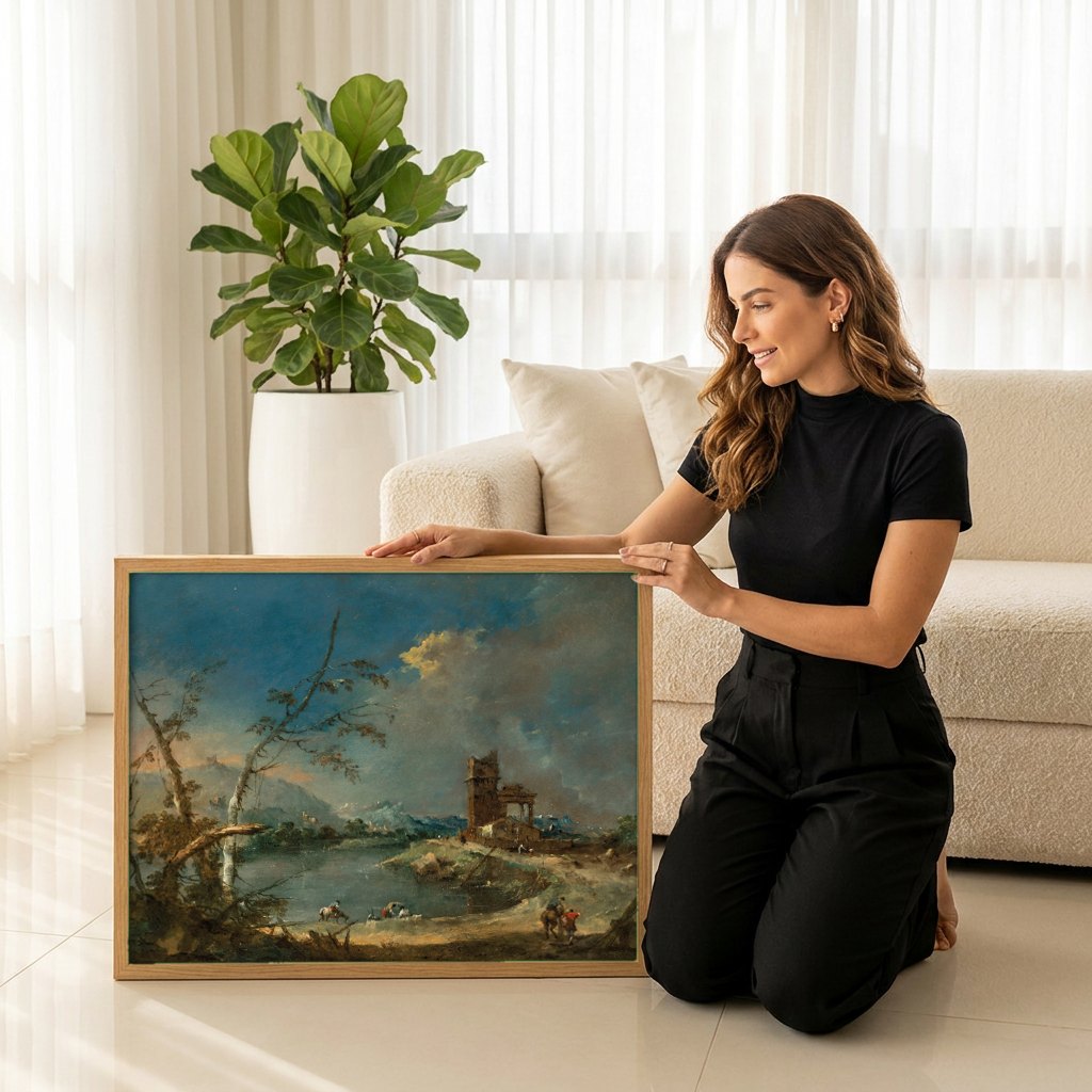 Quadro Decorativo Paisagem com Ruínas - Guardi | modelo apresentando o quadro emoldurado