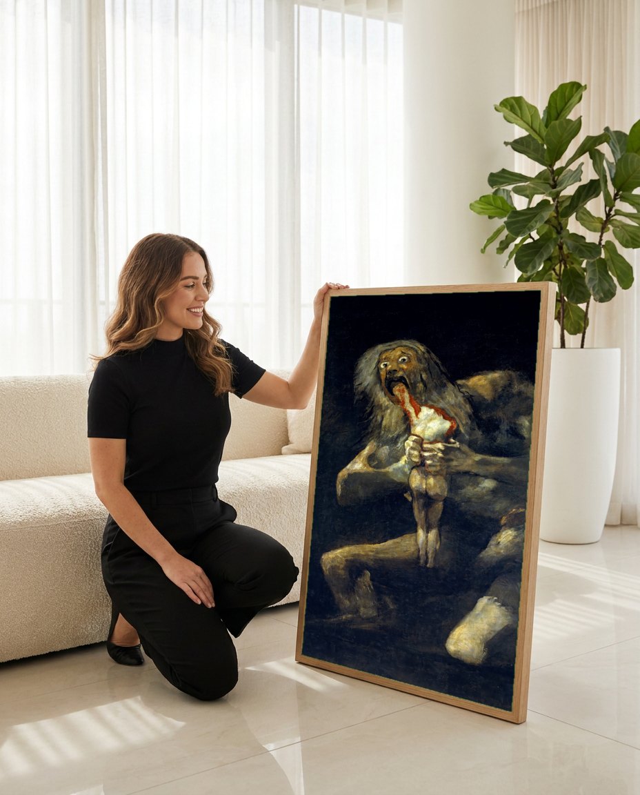 Quadro Decorativo Saturno Devorando Seu Filho - Goya | modelo apresentando o quadro emoldurado