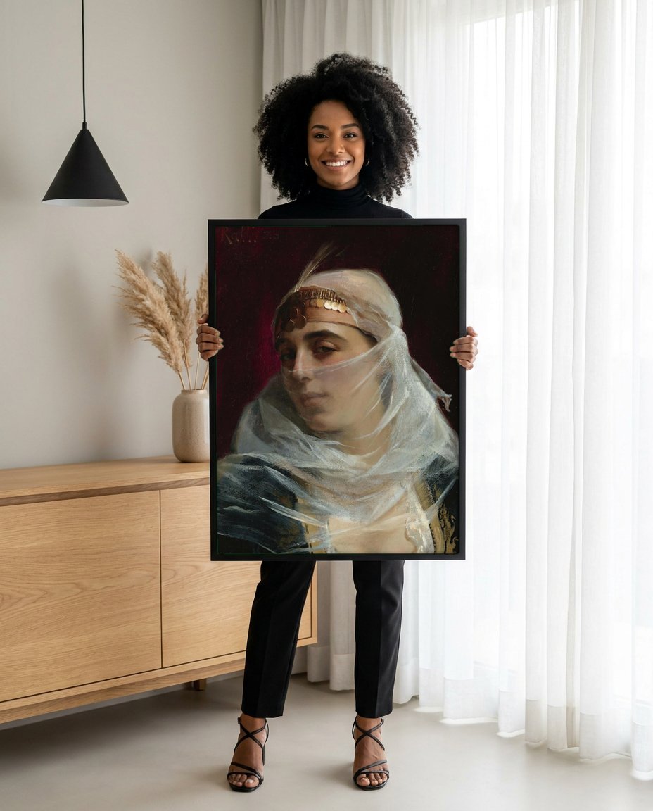 Quadro Decorativo A Mulher Oriental (ou A Moça Velada) - Ralli com modelo em ambiente