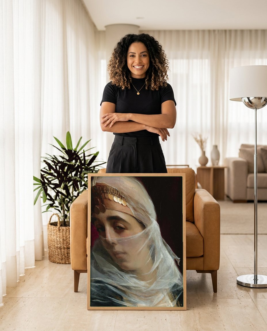 Quadro Decorativo A Mulher Oriental (ou A Moça Velada) - Ralli com modelo em ambiente