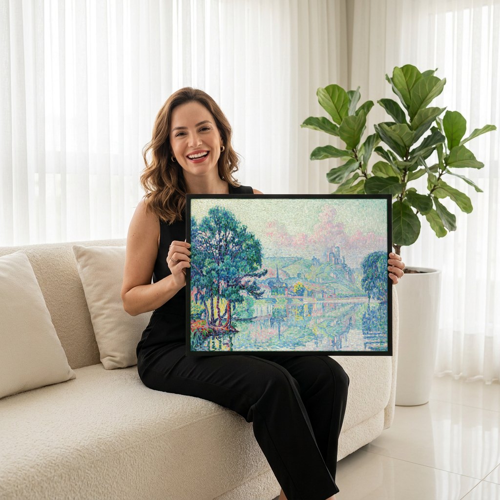 Quadro Decorativo Rio em Les Andelys - Paul Signac | modelo apresentando o quadro emoldurado