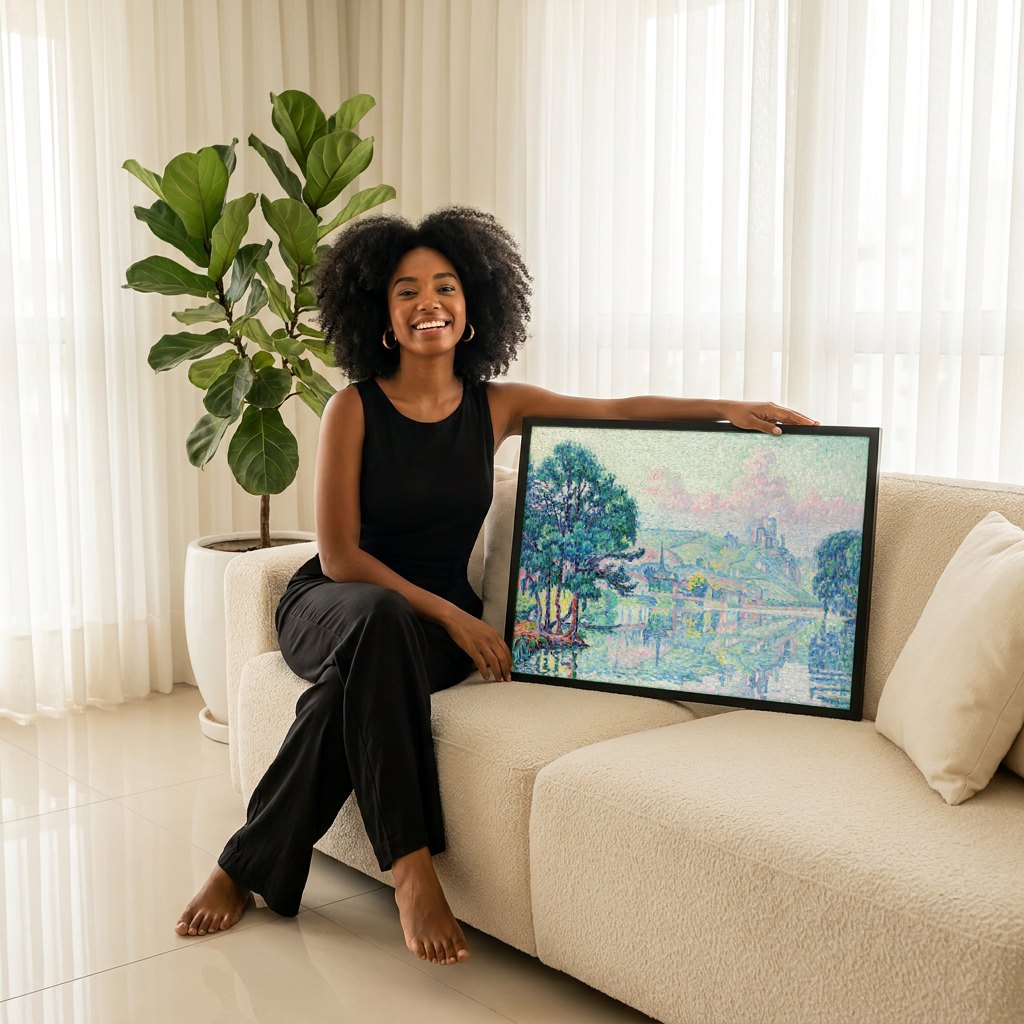 Quadro Decorativo Rio em Les Andelys - Paul Signac | modelo apresentando o quadro emoldurado
