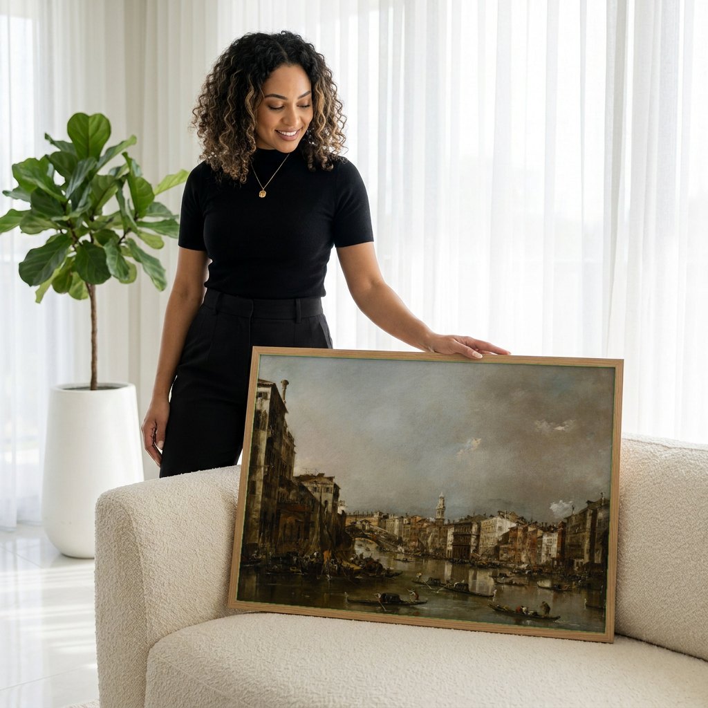 Quadro Decorativo Canal Grande, Veneza - Guardi | modelo apresentando o quadro emoldurado