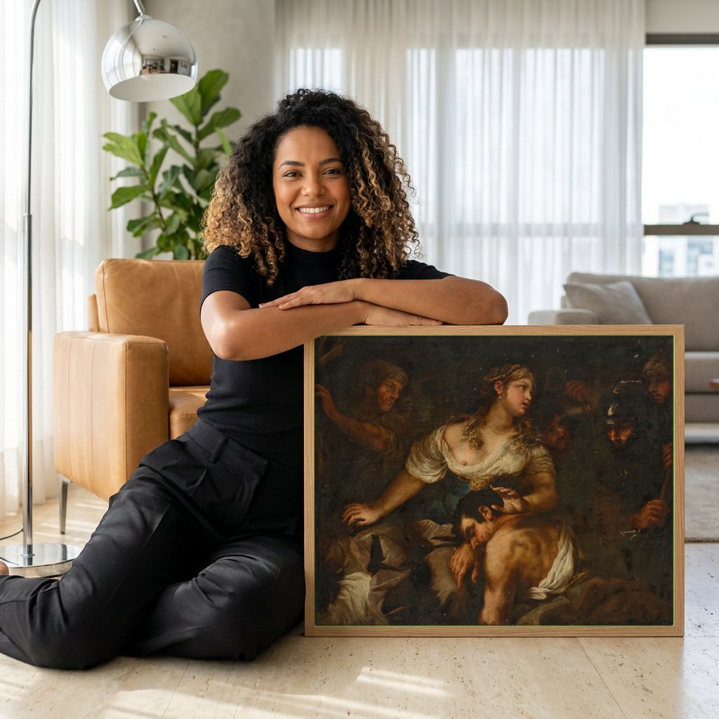Quadro Decorativo Sansão e Dalila (atribuído) - Luca Giordano | modelo apresentando o quadro emoldurado