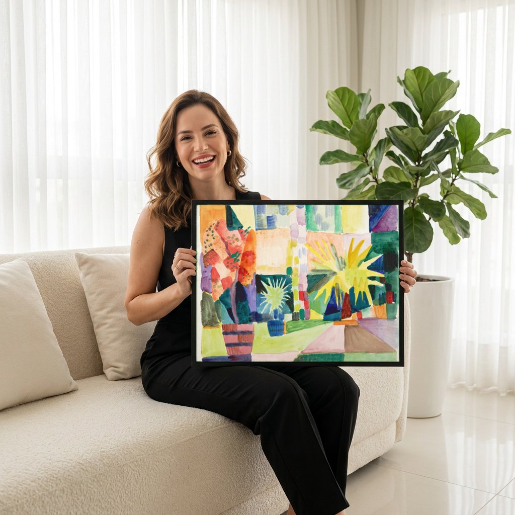 Quadro Decorativo Jardins Abstratos - August Macke | modelo apresentando o quadro emoldurado