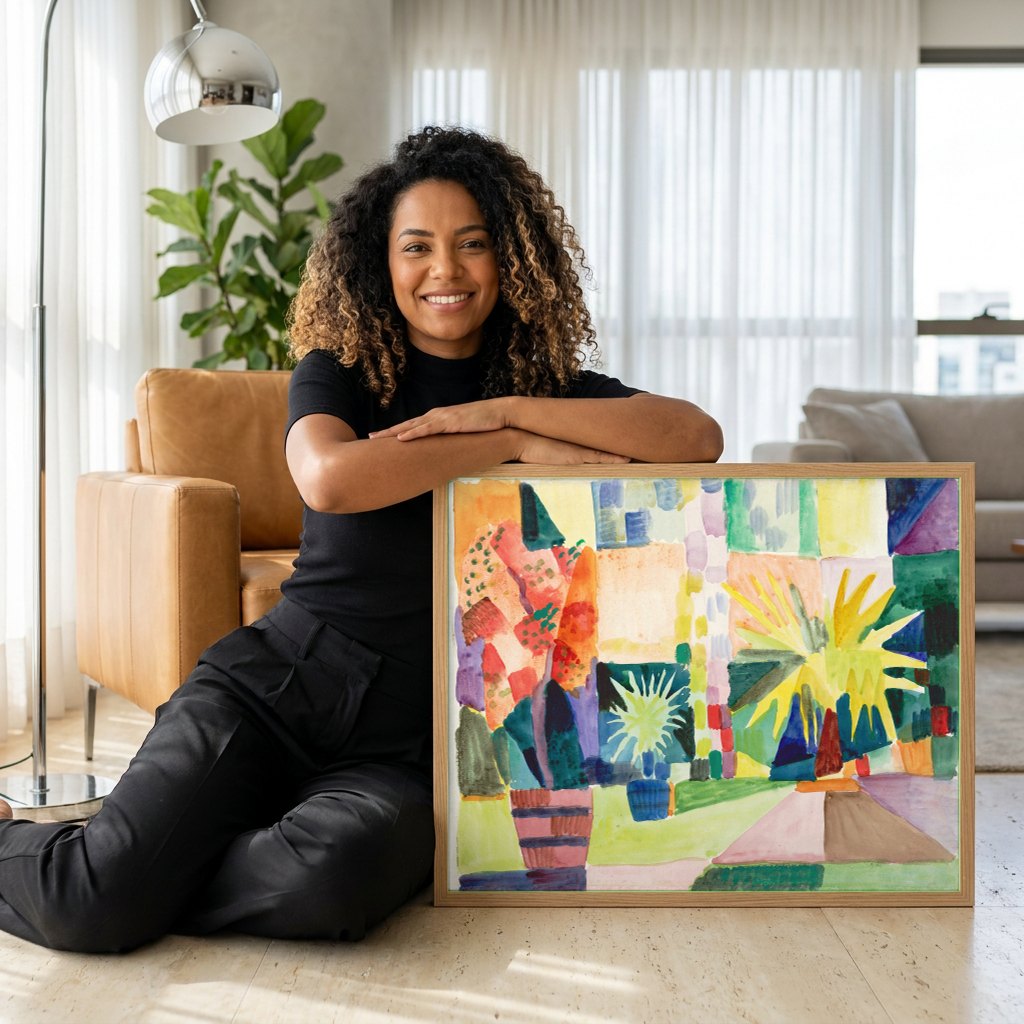 Quadro Decorativo Jardins Abstratos - August Macke | modelo apresentando o quadro emoldurado