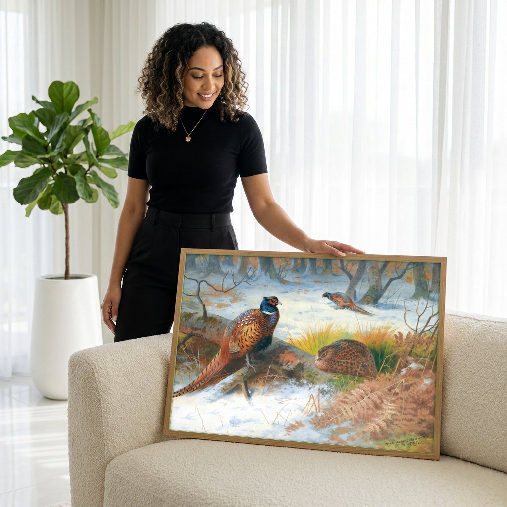 Quadro Decorativo Faisões na Neve - Thorburn | modelo apresentando o quadro emoldurado