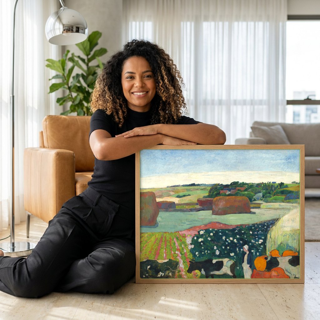 Quadro Decorativo A Fazenda de Le Pouldu - Paul Gauguin | modelo apresentando o quadro emoldurado