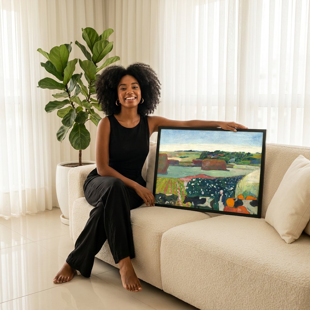 Quadro Decorativo A Fazenda de Le Pouldu - Paul Gauguin | modelo apresentando o quadro emoldurado