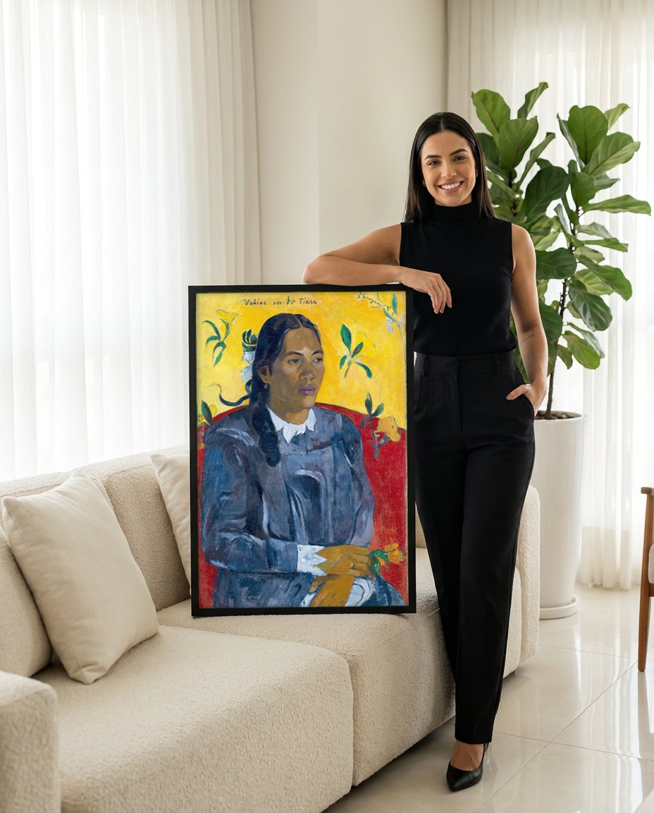 Quadro Decorativo Vahine no te Tiare - Gauguin | modelo apresentando o quadro emoldurado