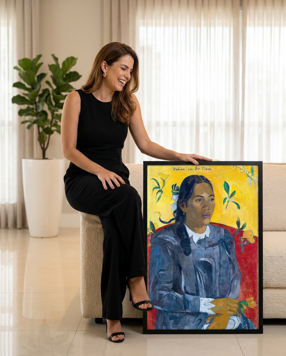 Quadro Decorativo Vahine no te Tiare - Gauguin | modelo apresentando o quadro emoldurado
