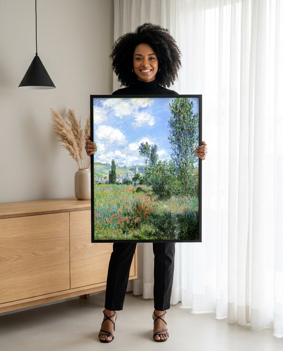 Quadro Decorativo Campo de Papoulas - Claude Monet | modelo apresentando o quadro emoldurado