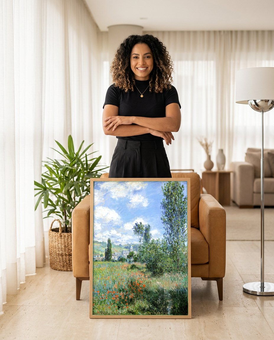 Quadro Decorativo Campo de Papoulas - Claude Monet | modelo apresentando o quadro emoldurado