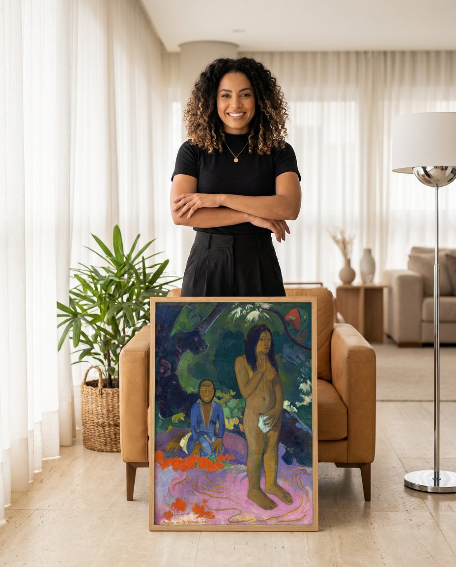 Quadro Decorativo Tarau te Varua ino - Paul Gauguin | modelo apresentando o quadro emoldurado
